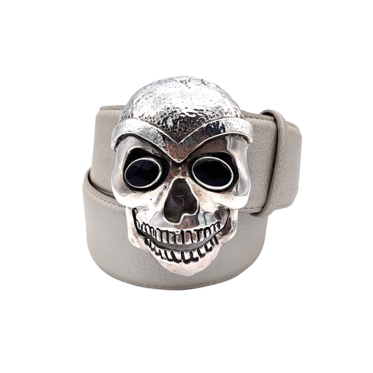 Pat Areias Sterling Silver Skull Onyx Eyes Belt Buckle M488