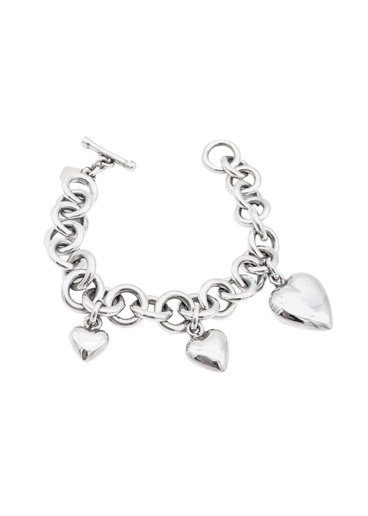 Oval Link Bracelet with Sterling Silver Heart Charms & Toggle