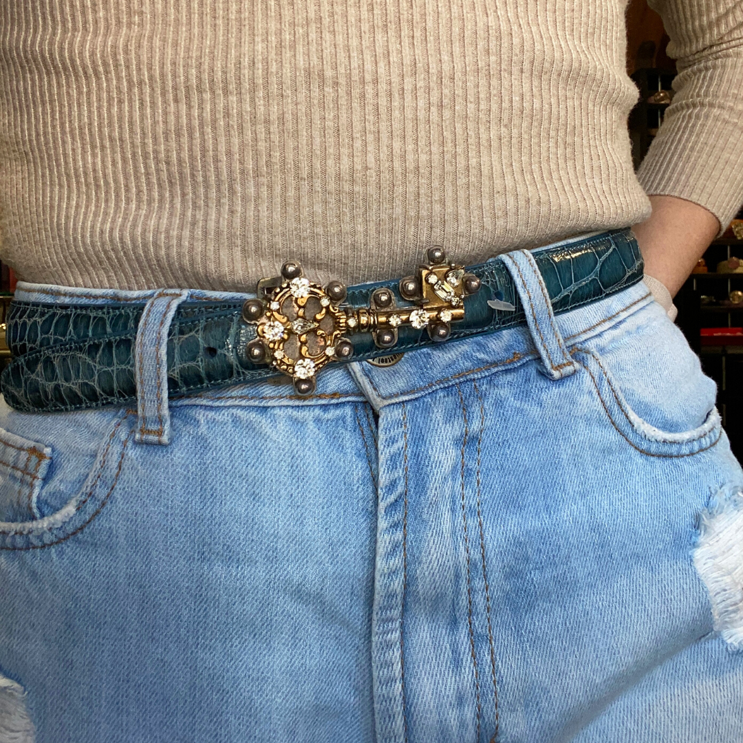 Sky Blue Alligator Glossy Belt Strap